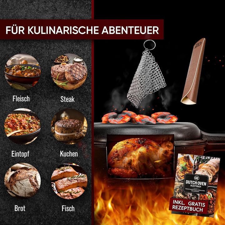 Dutch Oven - 2in1 Eingebrannter Gusseisen Topf 3L & Gusspfanne 1,5L-Cast Iron Pot mit Schmortopf Dop