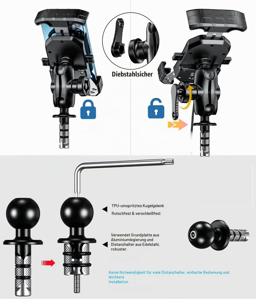 iMESTOU Motorrad Gabelschaft Telefonhalterung Wireless/USB C Ladegerät mit 1" Kugel Passend für Duca