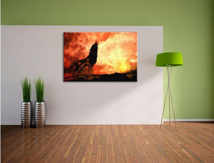Pixxprint Wolf Heulen als Leinwandbild | Grösse: 100x70 cm | Wandbild | Kunstdruck | fertig bespannt
