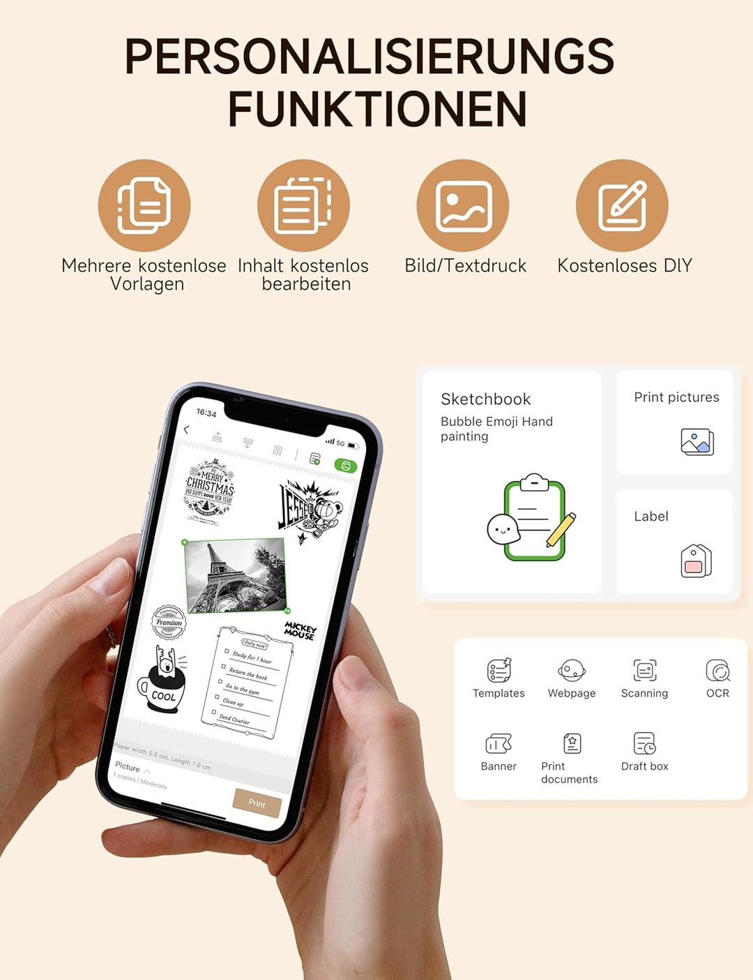 iDPRT Mini tragbarer Aufkleberdrucker, Thermodrucker für Studiennotizen, Bilder, DIY, Etiketten, mit