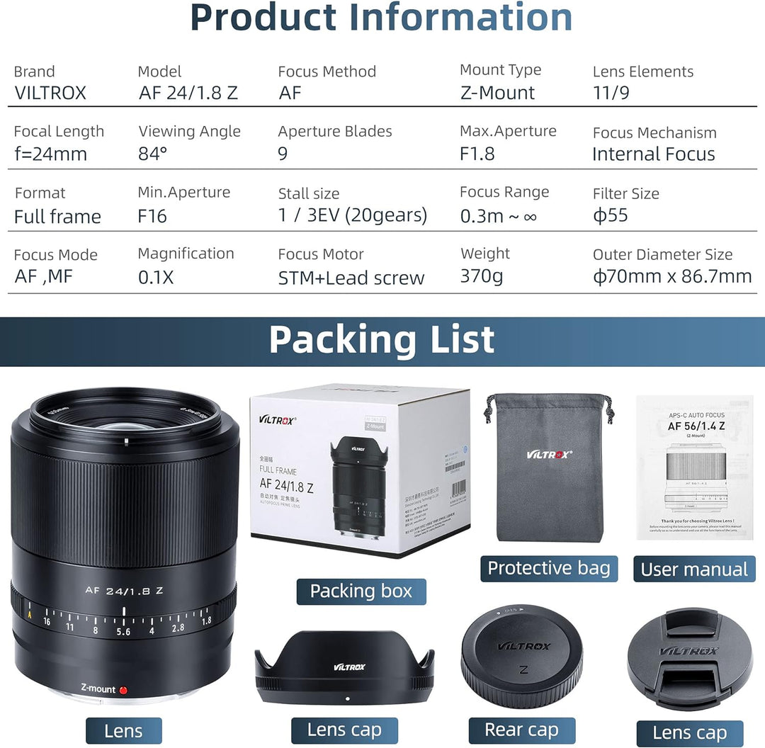 VILTROX AF 24mm F1.8 Z-Mount Weitwinkel Objektiv für Nikon Kameras Z fc Z7 II Z6 II Z5 Z6 Z7 Z50 (Vo