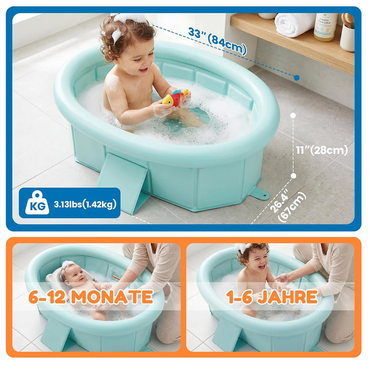 Orzbow Baby Badewanne, Faltbare Badewanne Kinder mit Aufblasbarem Oberrand, Tragbare Babybadewanne f