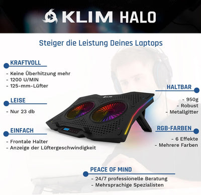 KLIM Halo + Laptop Kühler mit RGB Beleuchtung + 11" - 17" + Gaming Laptop Lüfter Pad für den Schreib