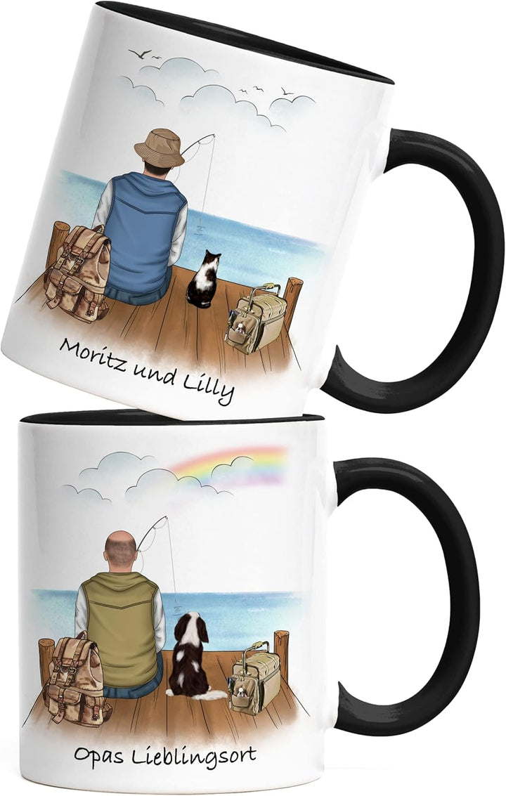 Angler & Hund Tasse Schwarz Personalisiert Individuell mit Name Angeln Fischen Geschenk Opa Vater zu