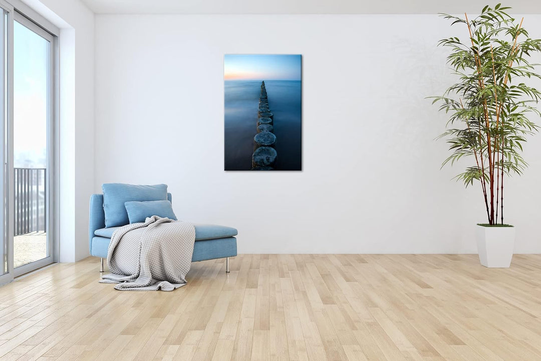 Buhnen an der Ostsee im Format: 100x70 als Leinwandbild, Motiv fertig gerahmt auf Echtholzrahmen, Ho