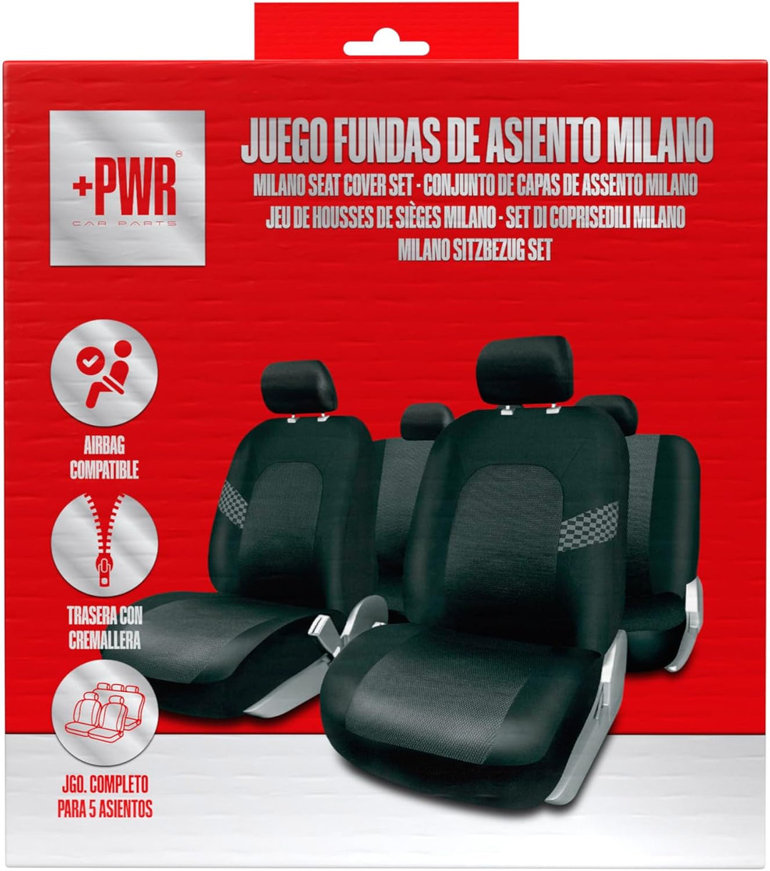 Kompletter Satz Universal-Sitzbezüge Milano Schwarz. Airbag-kompatibel. Rückseite mit Reissverschlus
