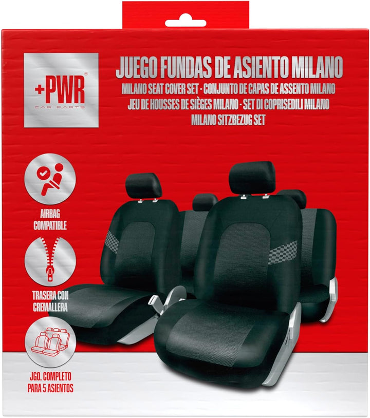 Kompletter Satz Universal-Sitzbezüge Milano Schwarz. Airbag-kompatibel. Rückseite mit Reissverschlus