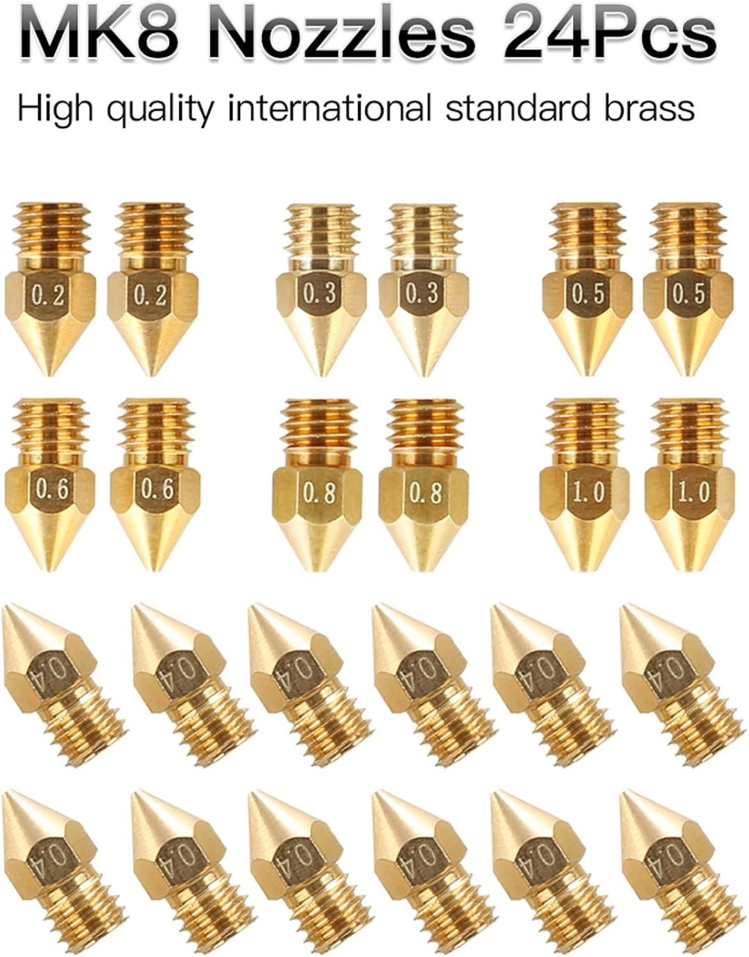 Creality 24PCS Brass Nozzles for Ender 3, 3D Printer Parts 12PCS 0.4mm, 2PCS 0.2mm, 0.3mm, 0.5mm, 0.