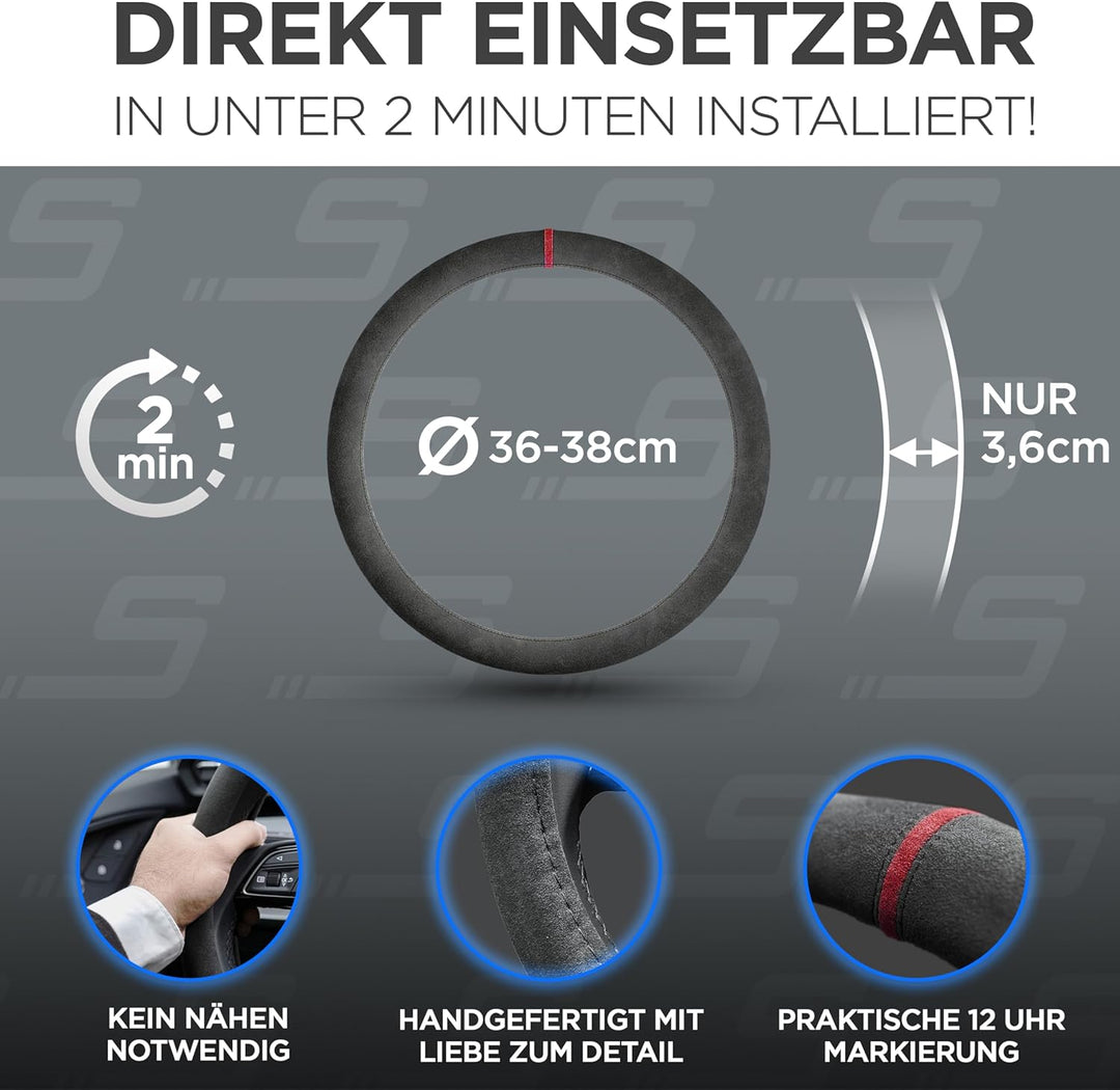 S-TETIC® Premium Lenkradbezug Alcantara® | Echtes Alcantara | ROTE 12-Uhr Markierung | Universal Grö
