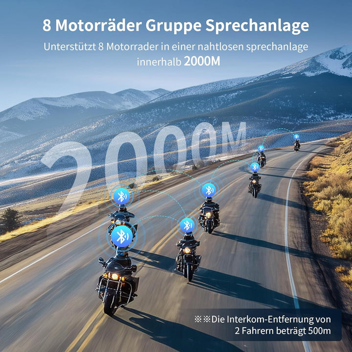 Fodsports M1S PRO Motorrad Headset mit Musikteilen, 8 Motorräder 2000m Helm Intercom, Motorradhelm K