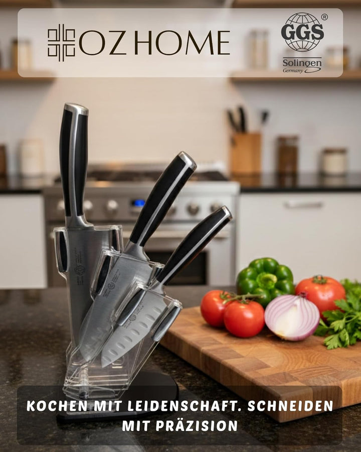 GGS Solingen Santoku Messer Set 4-teilig – Küchenmesser Set Edelstahl mit Messerblock, 3 Santokumess