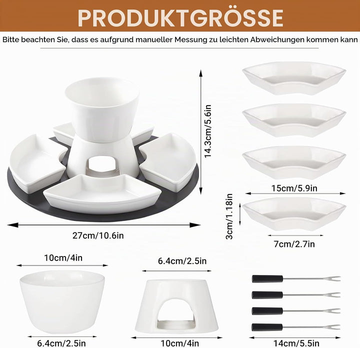 Keramik Schokofondue, Fondueset mit Holzpalette, 4 Gabeln, 4 Snackschalen, Schokobrunnen mit Schmelz
