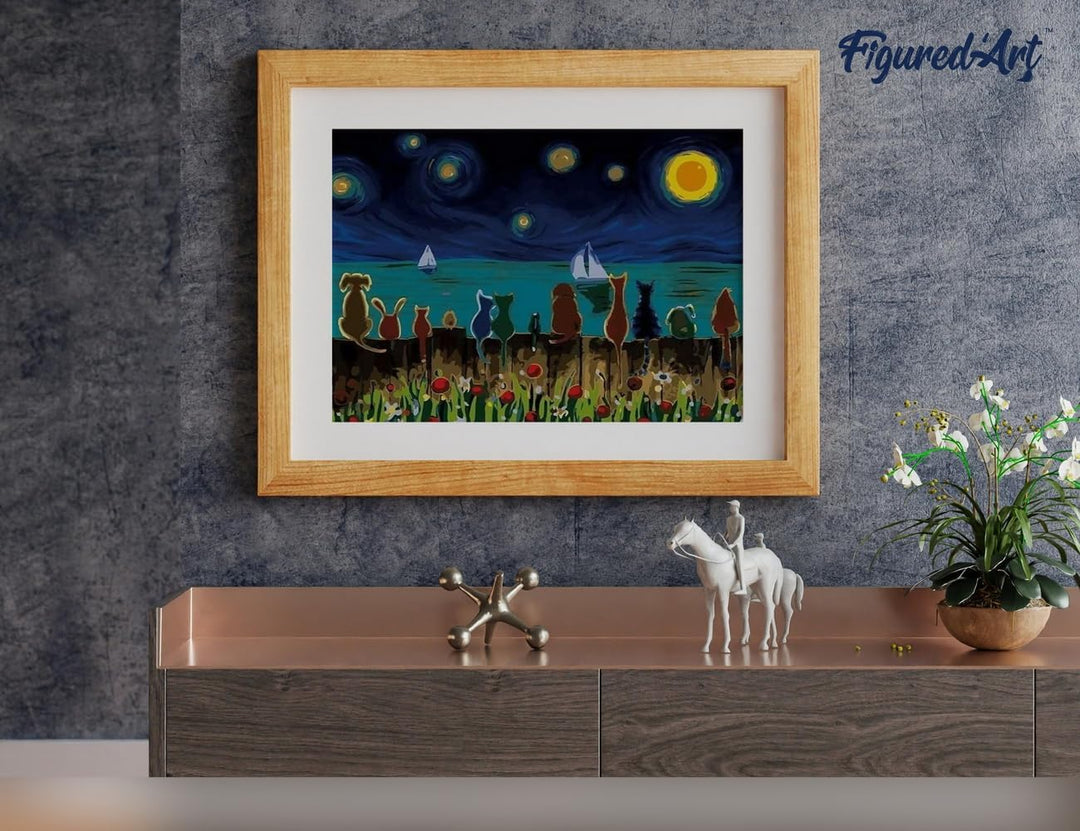Figured'Art Malen Nach Zahlen Erwachsene Mit Rahmen Sternennacht und Tiere von hinten - Paint by Num