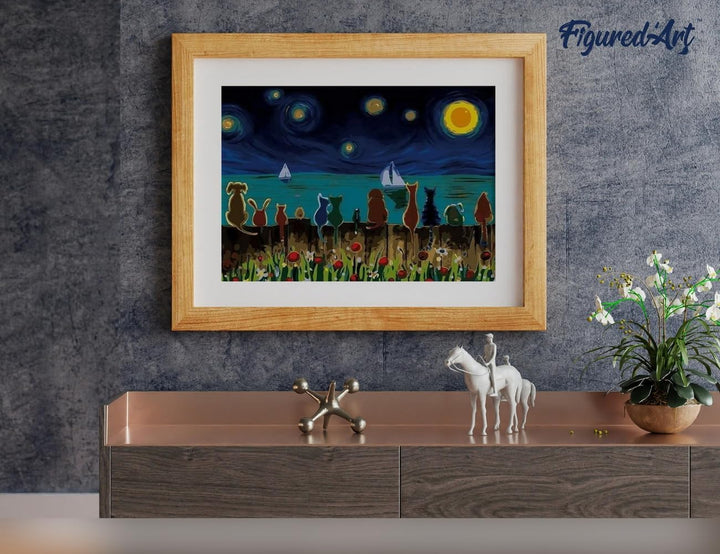 Figured'Art Malen Nach Zahlen Erwachsene Mit Rahmen Sternennacht und Tiere von hinten - Paint by Num