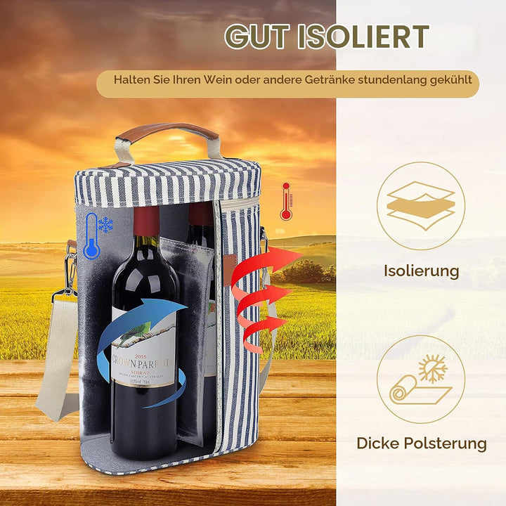 Kato Tirrinia 2 Flaschen-Eisbeutel, isolierter Weinbeutel, tragbarer Wein-Eisbeutel mit Gurt für Pic