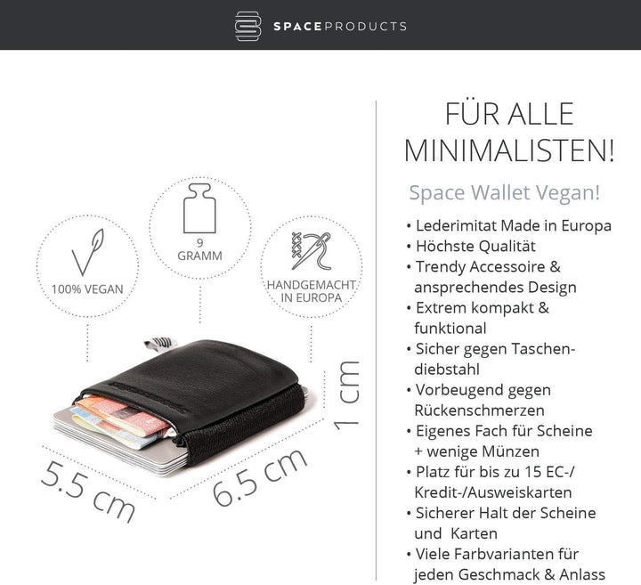 Space Products ® Vegane Mini Geldbörse aus Kunstleder I schwarz I sehr stabil I Platz für 15 Karten
