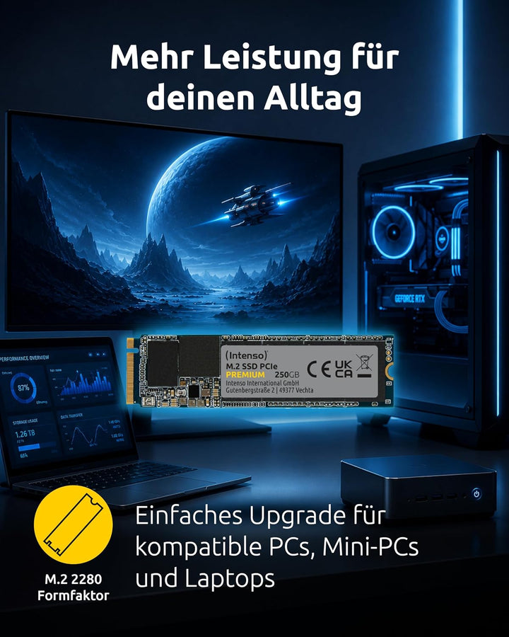 Intenso 250GB M.2 SSD PCIe Premium, bis zu 2100 MB/s, (PCI Express Gen.3x4 NVMe 1.3, Solid State Dri