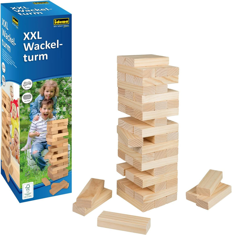 Idena 40212 - XXL Wackel-Turm, Stapelspiel mit 54 Bausteinen, Geschicklichkeits-Spiel aus Holz, ca.