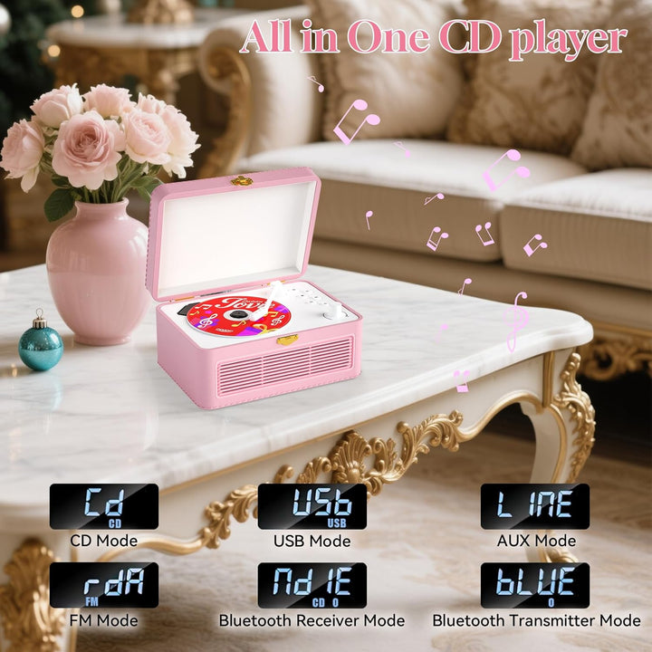 Gueray Tragbarer Bluetooth CD-Player mit Lautsprechern 3600mAh Wiederaufladbarer Vintage CD Spieler