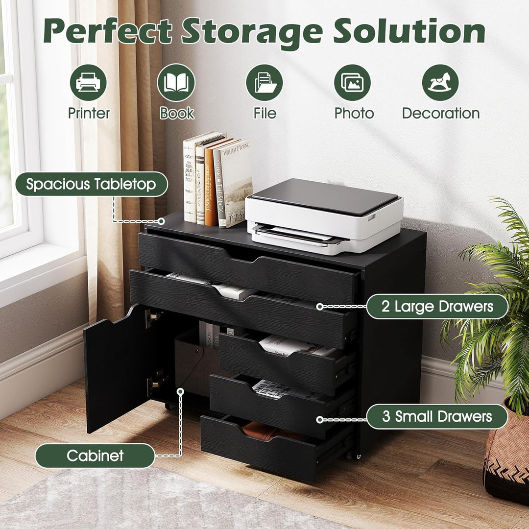 KOMFOTTEU Aktenschrank mit Rollen, Bürocontainer mit 5 Schubladen & 1 Schrank, Rollcontainer Schubla