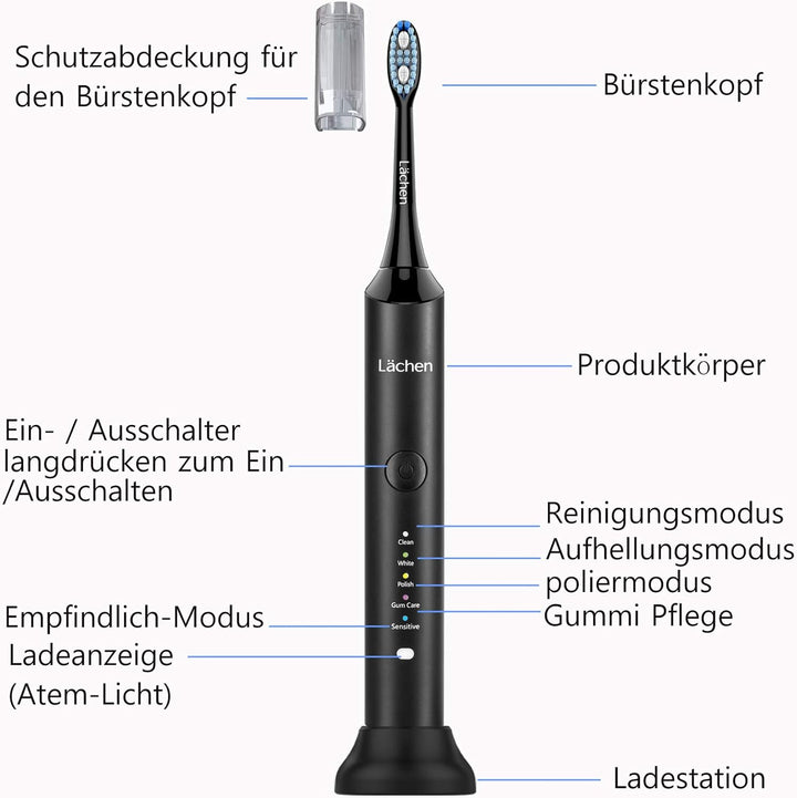 Lächen elektrische Zahnbürste Schallzahnbürste doppelpack, 2 Handstück und 2 Reise-Etui, 5 Modi mit