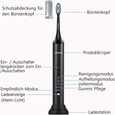 Lächen elektrische Zahnbürste Schallzahnbürste doppelpack, 2 Handstück und 2 Reise-Etui, 5 Modi mit