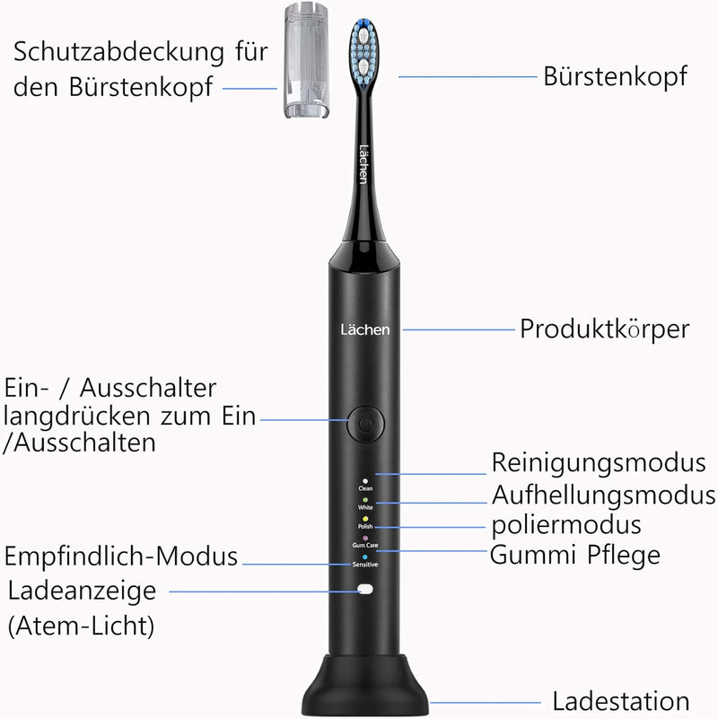 Lächen elektrische Zahnbürste Schallzahnbürste doppelpack, 2 Handstück und 2 Reise-Etui, 5 Modi mit