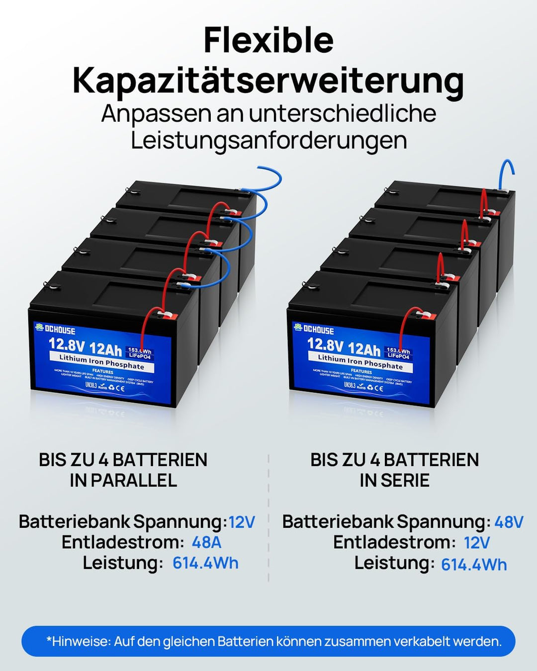 DCHOUSE 12V 12AH LiFePO4 Lithium Batterie mit 15A BMS, 10 Jahre Lebensdauer, 10000+ Zyklen, für Mari