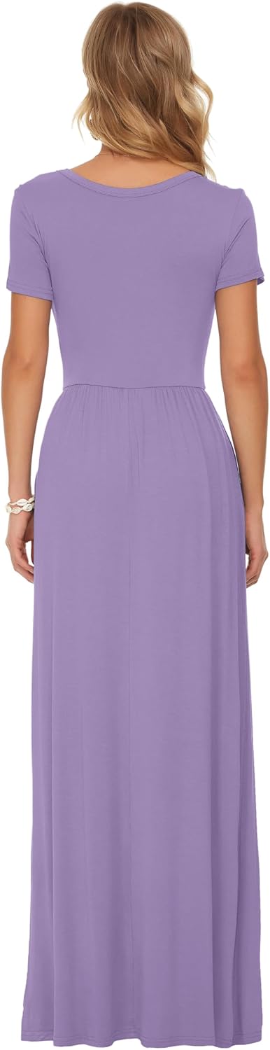 AUSELILY Damen Kurzarm Sommer Casual Long Maxi Kleider mit Taschen | Ganzjähriges Tragen, solider Bl