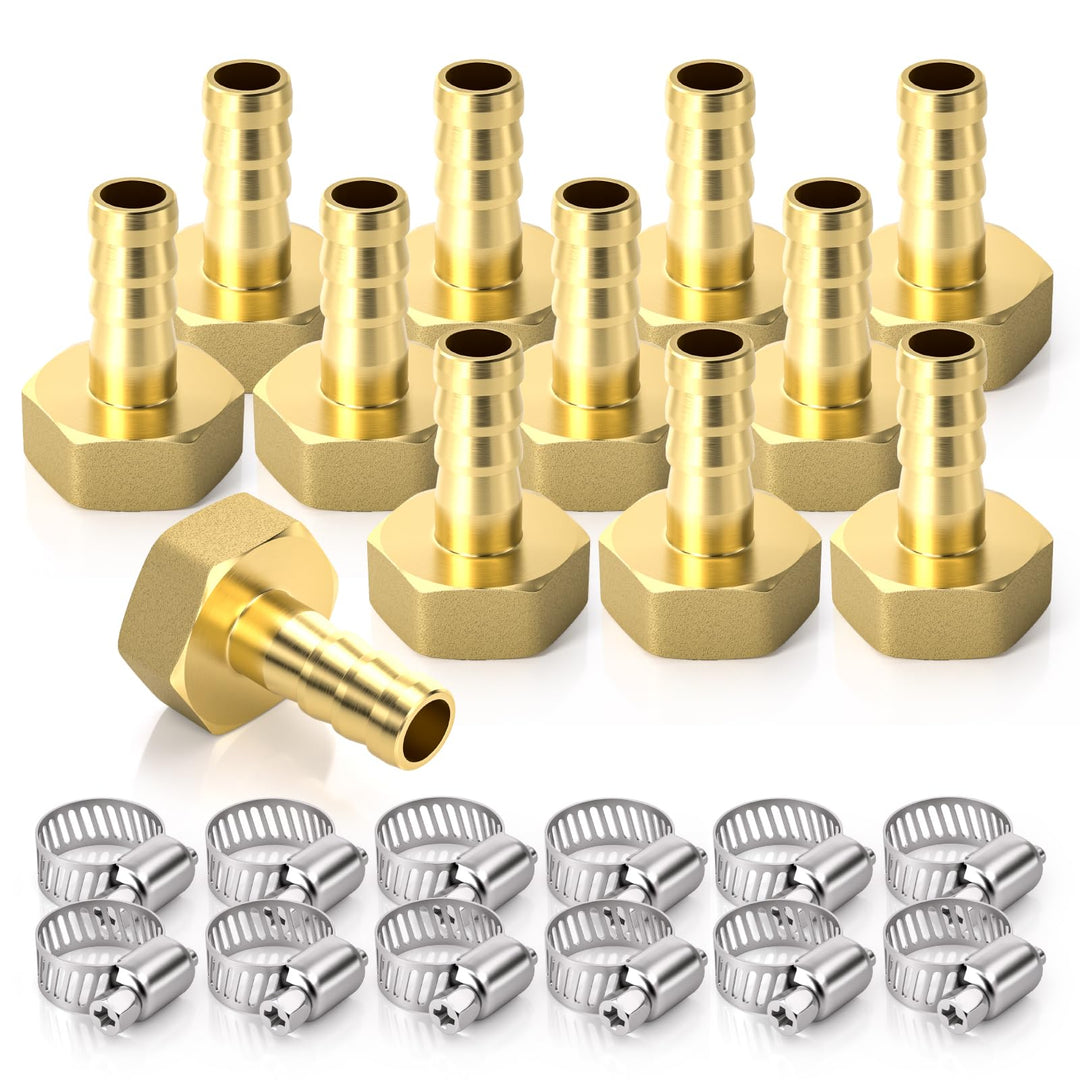 12 Stück Schlauchanschlussstücke, 1/2 Zoll BSP Buchse x 8 mm Schlauchanschluss mit 12 Stück Klemmen