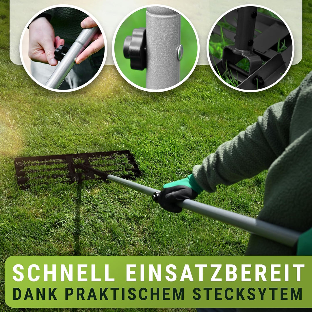 [80x30cm] Rasennevilierrechen Schwarz mit extra langem Stiel [2 Meter] Inkl. Gartenhandschuhe - Hand