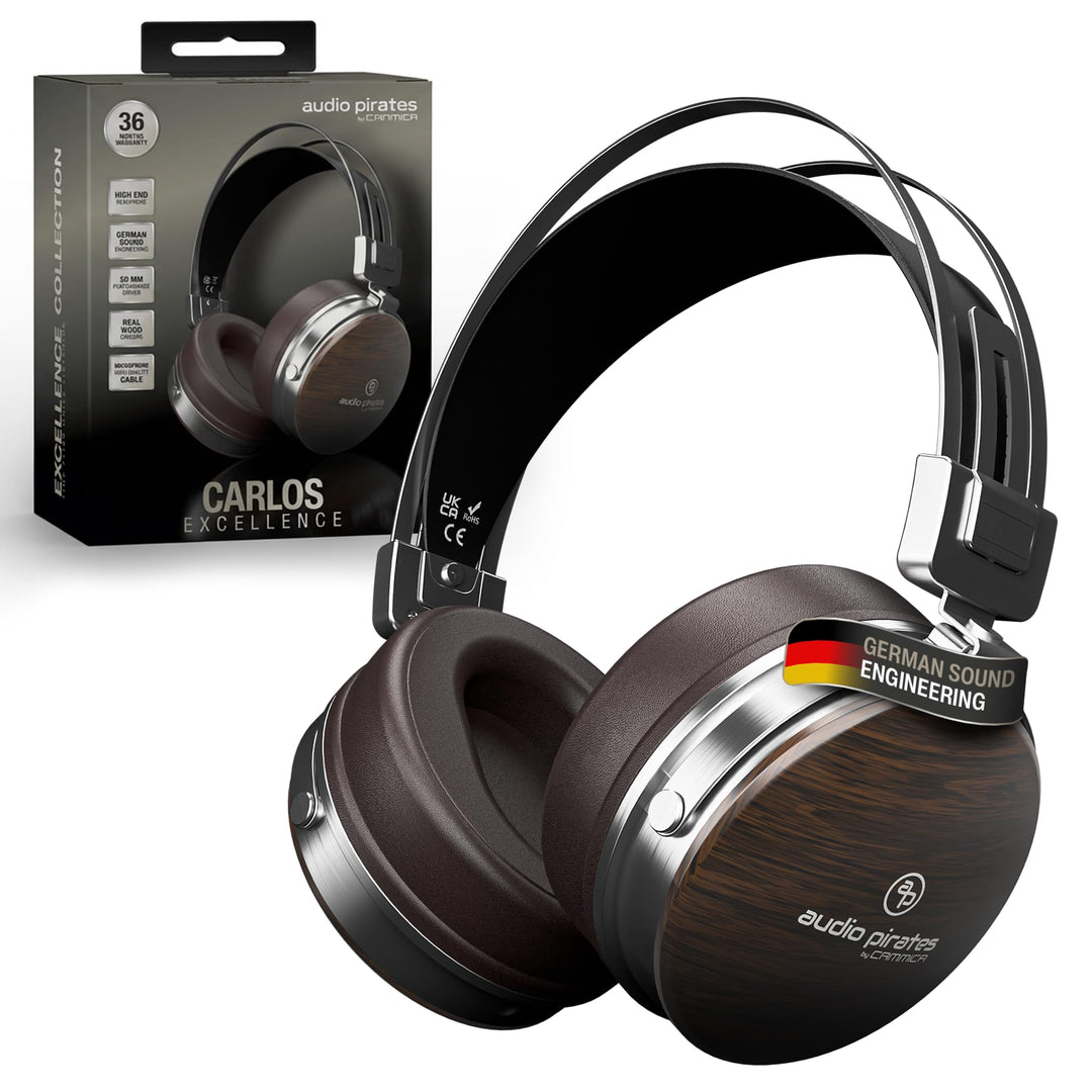 audio pirates Over-Ear Kopfhörer, Echtholz Kopfhörer, Top HiFi Sound, Kopfhörer mit Case, 3 m Kabel