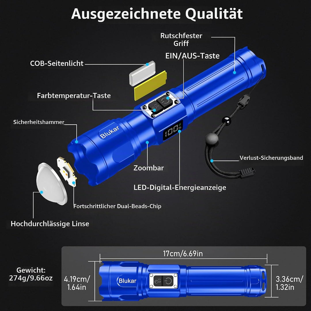 Blukar Taschenlampe LED 2 Farbtemperatur mit Hauptlicht &amp; Seitlich COB-Licht, Aufladbar Extrem Hell