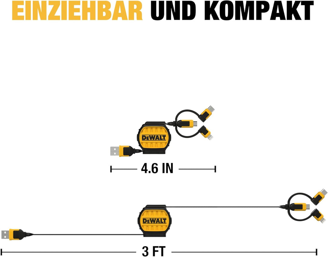 DEWALT 3-in-1 einziehbares Kabel - Multi-Ladekabel - Lightning, Typ C, Micro-USB-Kabel - Ladekabel f