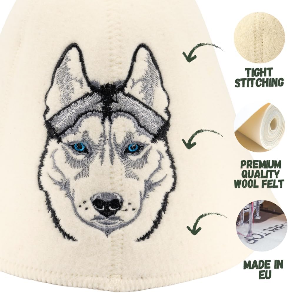 Natural Textile Saunahut 'Sauna Husky' White - 100% organische Wollfilzmützen - Schützen Sie Ihren K