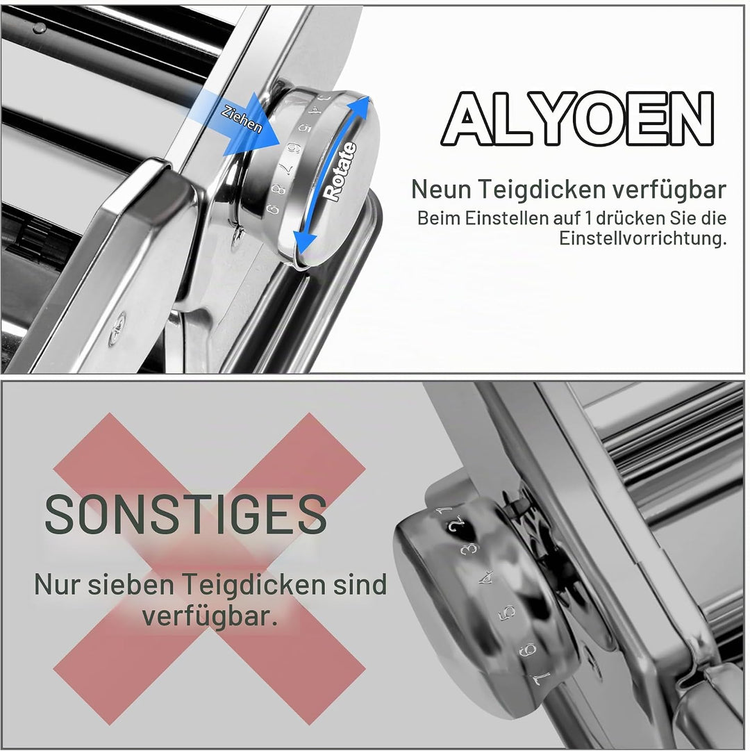 Alyoen Nudelmaschine Manuell, Pasta Maker aus Edelstahl, Pastamaschine mit 9 Einstellbaren Stärkeein