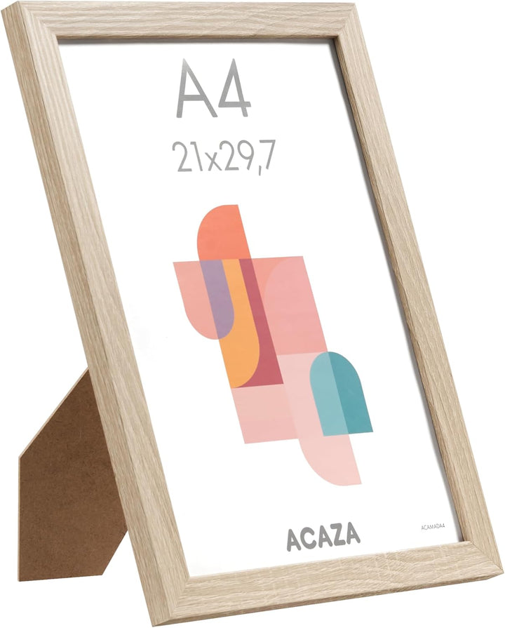 ACAZA A4 Bilderrahmen 21x29,7 cm 2-er Set Eiche hell, MDF Holz mit bruchsicherem Acrylglas, für Phot