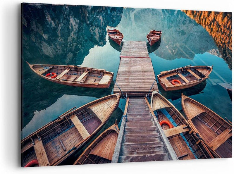 Bilder auf Leinwand 100x70cm Leinwandbild mit Rahmen Berge Boot Wasser Gross Wanddeko Bild Schlafzim