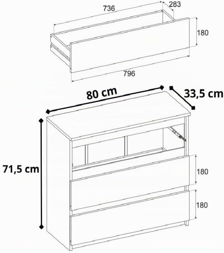Kommode mit 3 Schubladen – Schmale Schlafzimmer Kommode, Modernes Sideboard Holz - Schwarz Matt – 80