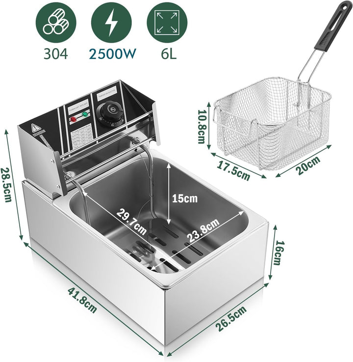 6L Elektrische Fritteuse mit Temperatureinstellung (50-200°C), 220V, 2.5KW, Edelstahl-Ölwanne, Europ