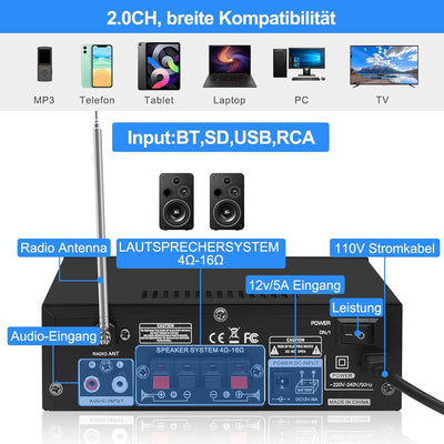 HiFi Stereo Verstärker BT-298Pro Bluetooth 5.0 Audio Leistungsverstärker Empfänger 2.0-Kanal 50W x 2