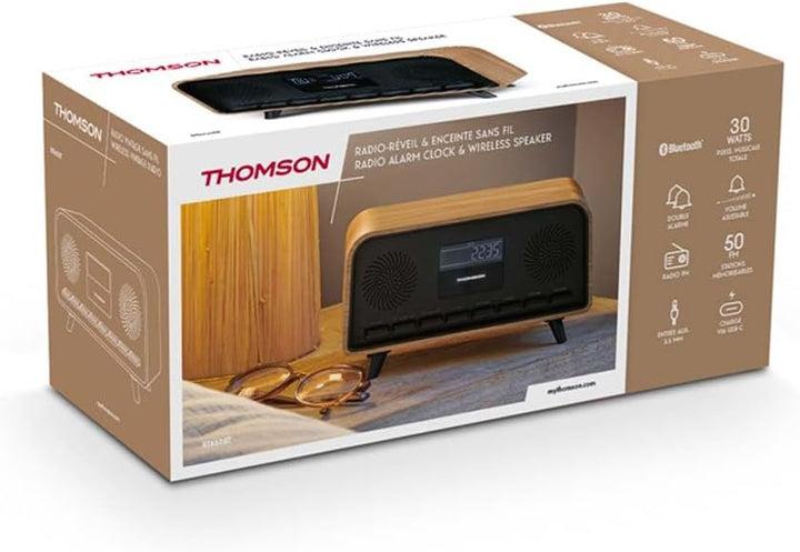 THOMSON Bluetooth-Radio, Vintage, Cosy, 30 W, FM-Radio, Dual-Alarm, Écran LCD, USB-C-Ladegerät, Alim