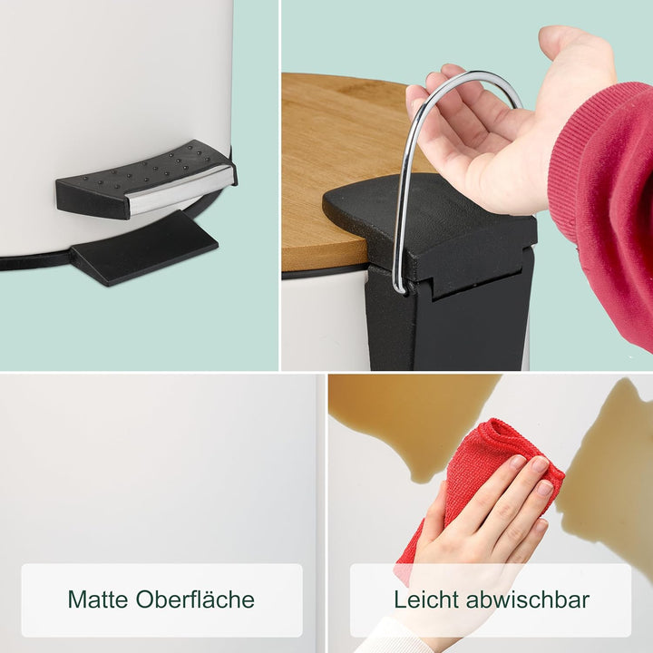 Relaxdays Kosmetikeimer 5 L, Absenkautomatik, Inneneimer entnehmbar, Badmülleimer, Metall, Bambus, m