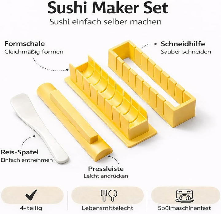 Sushi Maker Set 4-TLG. für Anfänger & Kinder – DIY Sushi Form mit Presse für quadratische Rollen – K