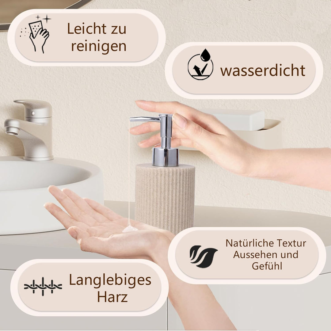 Badezimmer Set 6-teilig – Seifenspender + Zahnputzbecher mit Tablett & Wattestäbchenbox – Streifen-D