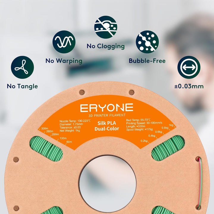 ERYONE Dual Zweifarbig PLA Filament 1.75mm, 3D Drucker Filament 1kg Spule +/- 0,02 mm, Rote und Grün