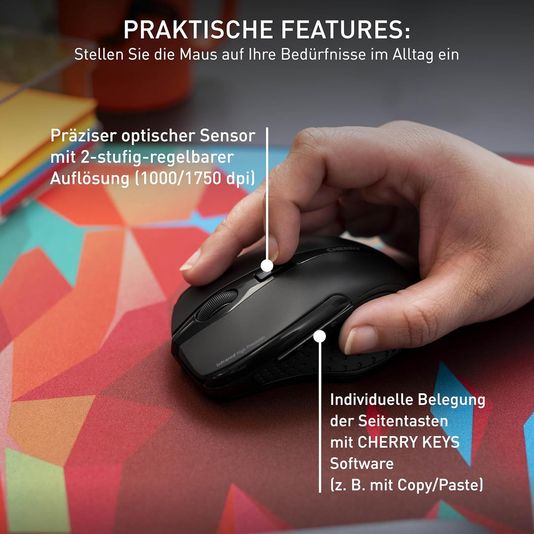 CHERRY MW 3000, Kabellose Ergonomische Maus für Rechtshänder, 2,4 GHz Funk, 6 Tasten, Optischer Sens