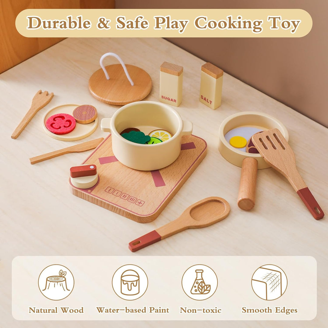 Topfset und Geschirr für Spielküche, Kinderküche Zubehör aus Holz, Küchenutensilien Pfanne Holzspiel