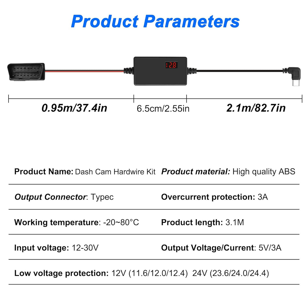 MEIRIYFA OBD OBD2 Stromkabel für Dash Kamera, OBD2 zu USB C Ladekabel mit 24-Stunden-Überwachung Typ