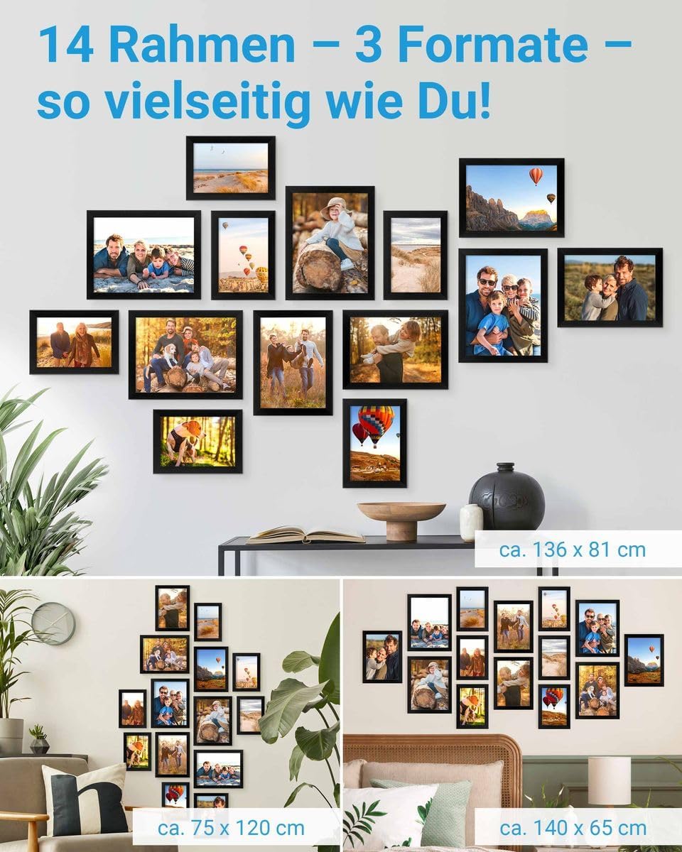 PHOTOLINI Schwarze Bilderrahmen Set verschiedene Grössen, Bilderwand Collage 14 Rahmen, Bilderrahmen